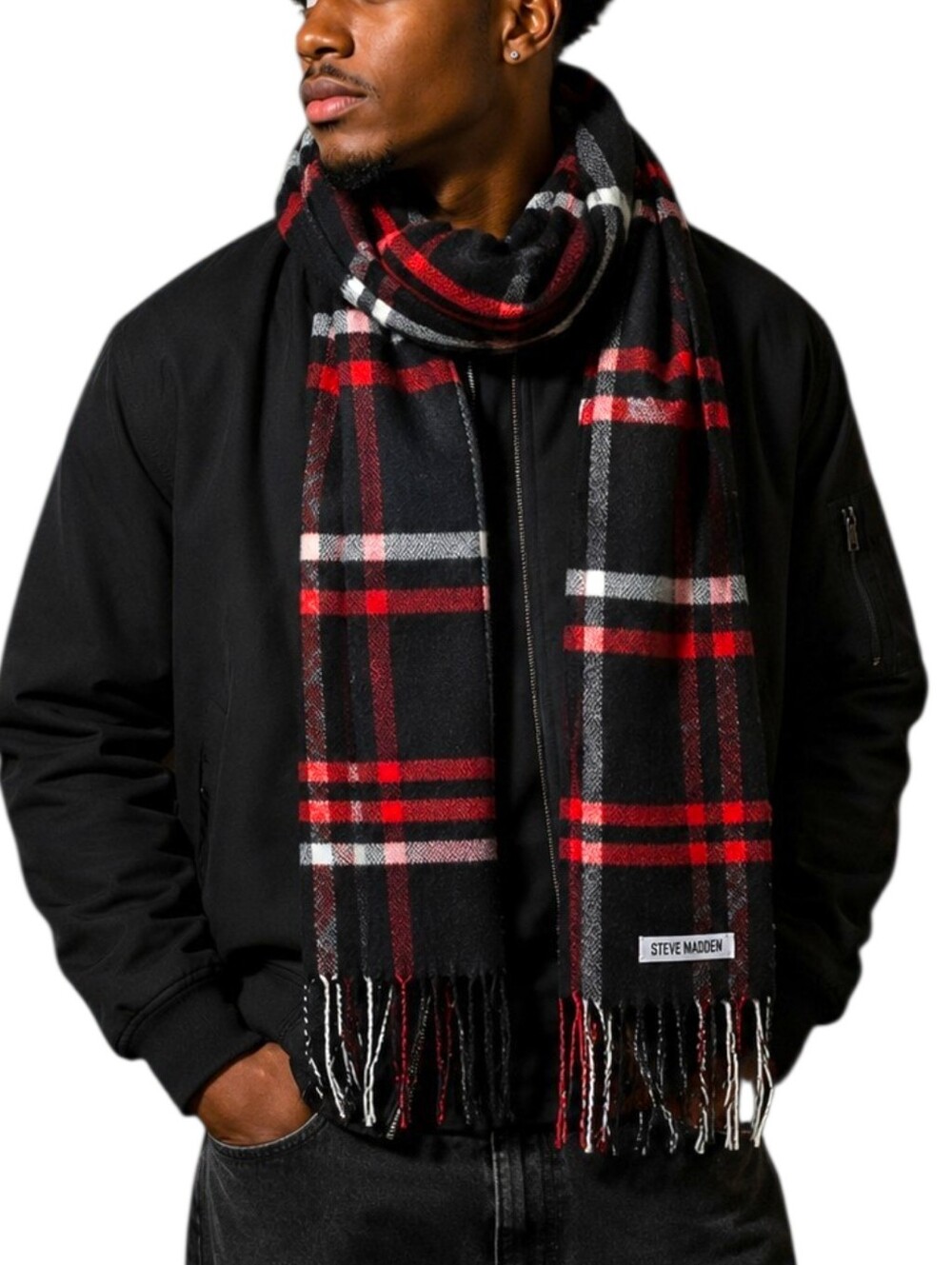 Steve Madden Unisex Black Red Plaid Fringe Scarf Tartan Oversized Wrap Winter